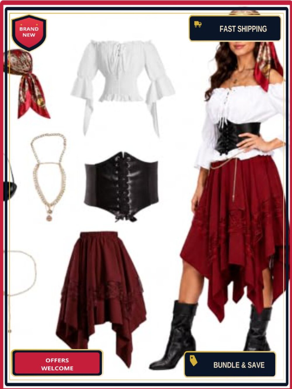 Women Pirate Corset Costume Faux Leather Lace Up Halloween Cosplay